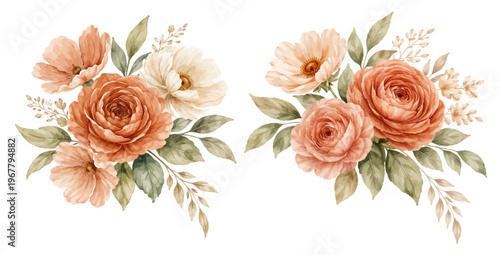 Watercolor terracotta floral collection illustration, elegant flower arrangements with warm earthy blooms isolated on white background.