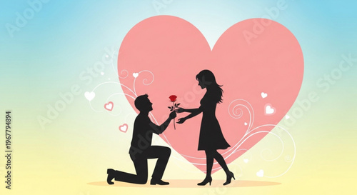 Man proposing to woman with rose in front of large pink heart symbol on colorful background