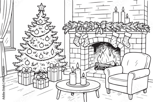 A cozy vector illustration of a Christmas room with a tree, gifts, sofa, indoor fireplace, candles, and hanging stockings, creating a warm and festive holiday atmosphere.
