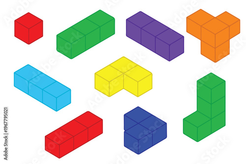 A colorful vector design featuring multiple 3D Tetris blocks, showcasing bright hues and geometric shapes in a fun, dynamic, and modern visual arrangement.