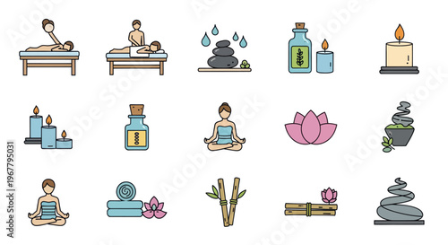 Spa and Wellness Icons: Massage, Stones, Candles, Lotus, Bamboo, Oil