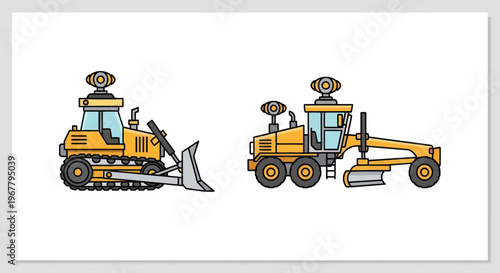 Yellow bulldozer and grader construction machines, cartoon style, isolated on white background