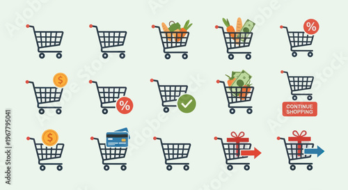 Shopping Cart Icons: Groceries, Money, Credit Cards, Gifts, Sale, Continue Shopping