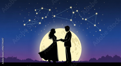 Romantic couple silhouette under starry night sky with full moon