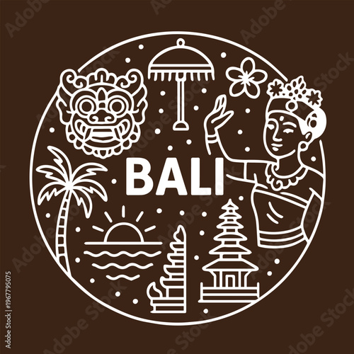 A creative vector circle filled with icons representing Bali, Indonesia, featuring cultural elements, landmarks, and tropical symbols in a clean and artistic composition.