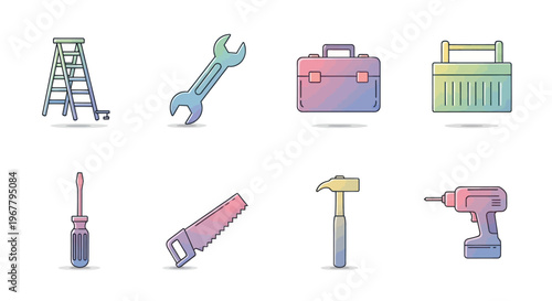 Set of colorful hand tools icons: ladder, wrench, toolbox, screwdriver, saw, hammer, drill