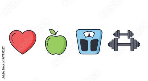 Healthy Lifestyle Icons: Heart, Apple, Scale, Dumbbells - Fitness and Nutrition