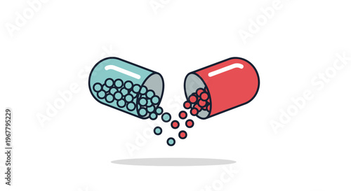 Open Capsule Medicine Spilling Out Tiny Pellets, Health Care Concept