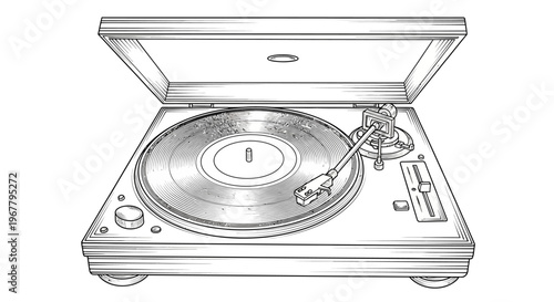 Vintage Turntable Playing a Vinyl Record with Lid Open.