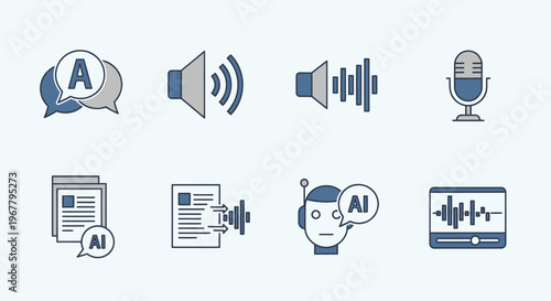 AI Voice & Text Technology Icons: Speech Recognition, Audio, Translation, Microphone