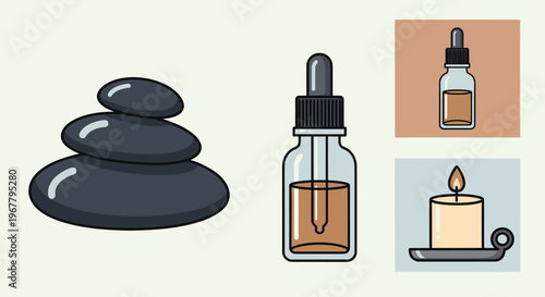 Spa Elements: Stacked Stones, Dropper Bottle, Candle, and Essential Oil