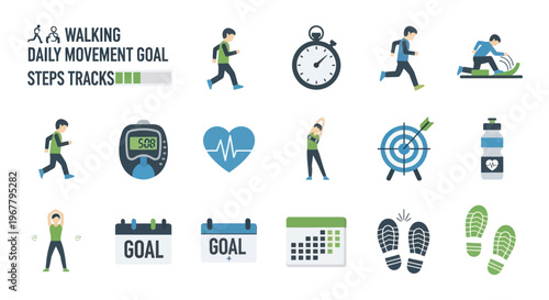 Fitness Goal Icons: Walking, Running, Steps, Health, Calendar, Stopwatch, Target