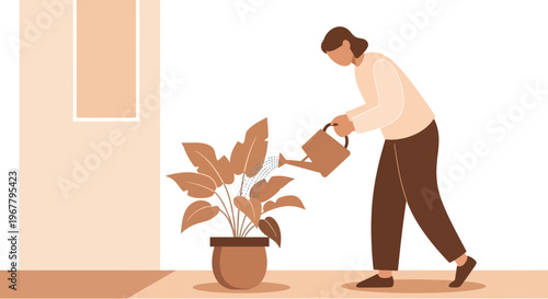Woman watering a potted plant indoors with a watering can.