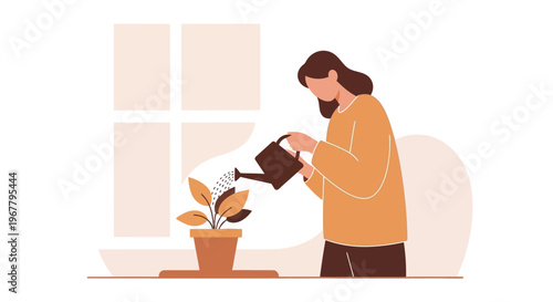 Woman watering a potted plant with a watering can, nurturing growth and life.