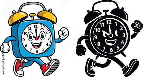 anthropomorphic alarm clock character running cartoon style character alarm clock cartoon character running happily clock character animated alarm clock fun character time icon running character happy