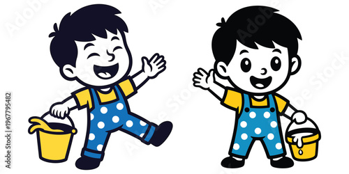 boy with bucket happy boy waving child holding bucket yellow bucket happy child jumping boy with overalls blue overalls cheerful boy playing with water child running with bucket cartoon boy.