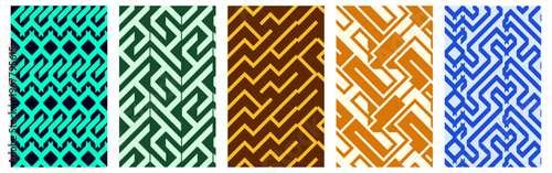 Set of seamless vector patterns with geometric chevrons, zigzags, rectangle motifs in green, orange, brown, blue, and turquoise colors. Modern backgrounds