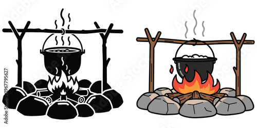Campfire cooking over wood fire with pot suspended from wooden tripod, line art and colored illustration.