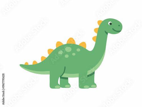 Cute Green Brontosaurus Dinosaur Cartoon Character Illustration Isolated on White