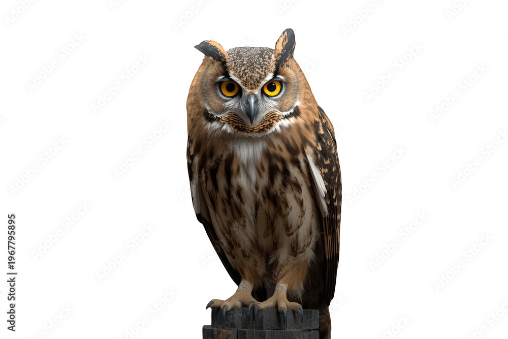 Obraz premium Owl with large yellow eyes perched on a wooden post, bird of prey embodying wisdom and knowledge, transparent background