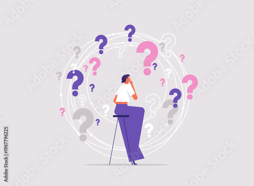 Choosing options or choices, answer for question or solution, problem solving, frustrated businessman thinking and make decision with many question marks around her