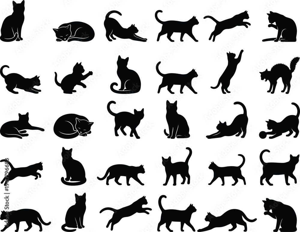 Obraz premium Cat Silhouette Collection: An artistic array of cat silhouettes, each capturing a unique pose from playful leaps to serene resting, against a monochromatic backdrop. 