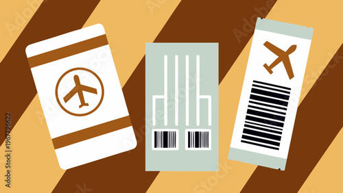 Three stylized airplane tickets with codes and an airplane icon represent air travel.