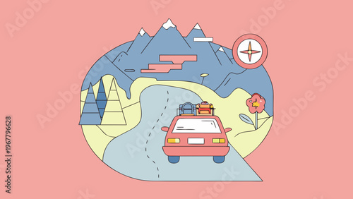 Red car with luggage drives on a winding road through a scenic mountain landscape.