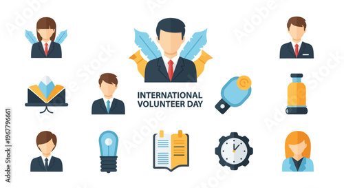 International Volunteer Day flat icons collection, teamwork, charity, helping hands