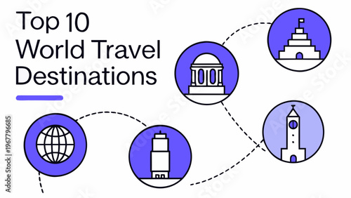 World travel destinations are visually represented by various famous landmark icons.