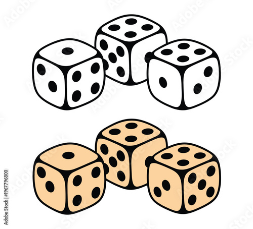 Dice vector illustration set, black outline and colored dice cubes for board games, gambling, casino symbols, and game design elements