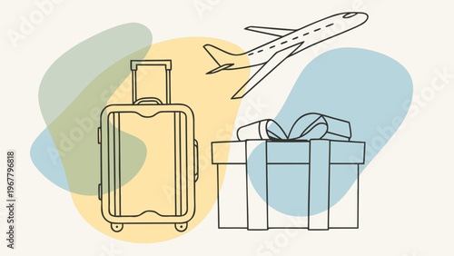 A suitcase and gift box are presented with an airplane in flight.