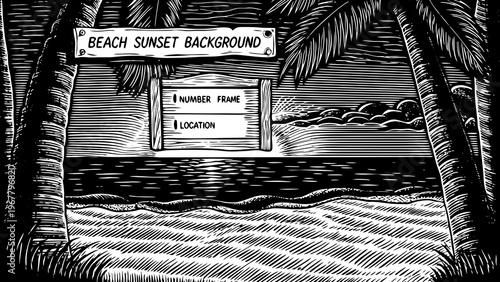 Beach sunset background with palm trees and ocean waves.