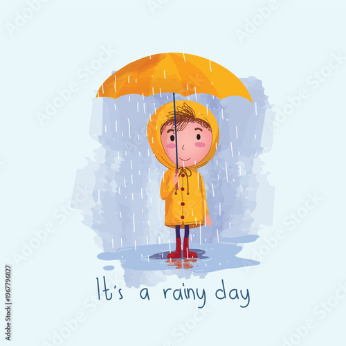 A cute of child wearing a yellow raincoat and boots, standing in under falling rain vector illustration. The child enjoying the rainy weather. The simple watercolor create a playful and cheerful mood.