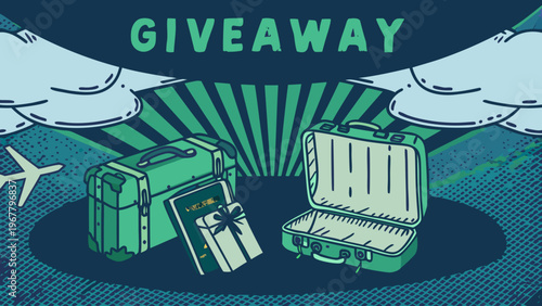 Suitcases and gifts suggest a travel giveaway promotion.