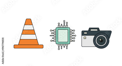 Traffic Cone, Microchip, and Security Camera Icons: Safety, Technology, Surveillance