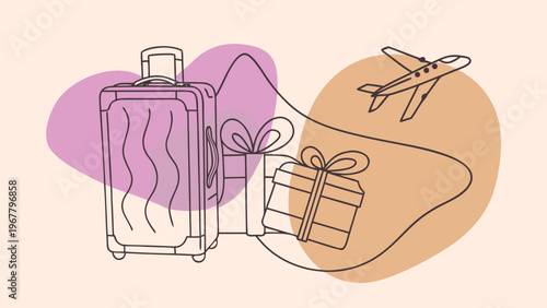Suitcase and gift boxes are depicted with abstract shapes and an airplane.