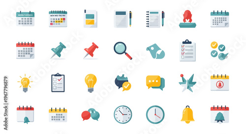 Business Icons: Calendar, Checklist, Lightbulb, Magnifying Glass, Chat Bubbles, Clock