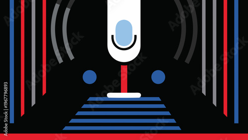 Microphone illustration with sound waves represents audio recording or broadcasting.