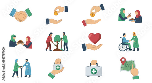 Charity and Kindness Icons: Helping Hands, Donation, Planting, Healthcare, Support