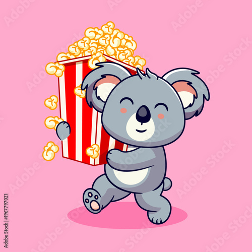 Cute Cartoon Koala Carrying a Big Box of Popcorn Vector Illustration Kawaii Animal