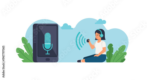 Young Girl with Headphones Interacting with Smart Speaker and Voice Assistant