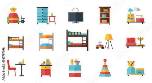 Colorful Children's Room Furniture and Toys Flat Icons Set