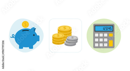 Piggy bank, coins, and calculator icons representing savings and finance management
