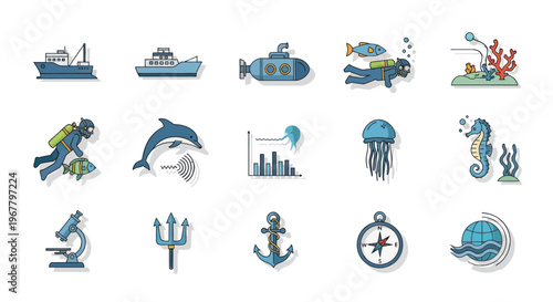 Ocean Life and Maritime Icons: Ships, Submarine, Diver, Dolphin, Seahorse, Anchor