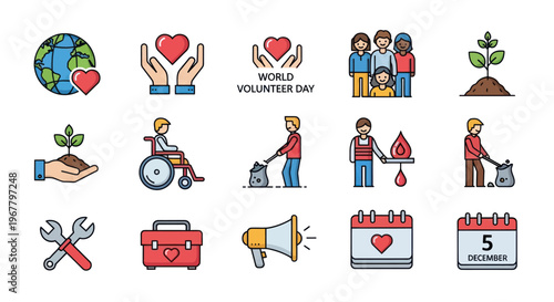 Volunteering and Charity Icons: Helping Hands, Community, Planet Earth, Earth Day, Social
