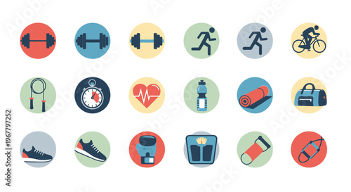 Fitness and Sport Icons Set: Dumbbells, Running, Cycling, Yoga, Gym Bag, Heartbeat, Stopwatch