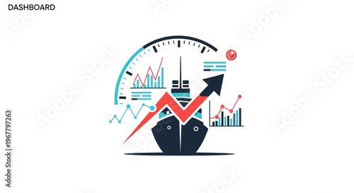 Business Growth Dashboard: Speedometer, Upward Arrow, Charts, Data Analysis