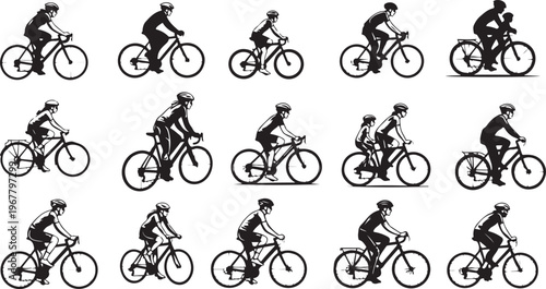 Cycling Silhouettes of Riders in Various Poses and Motion