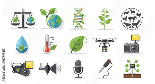 Eco-friendly Technology and Science Icons: Sustainability, Genetics, Agriculture, Climate